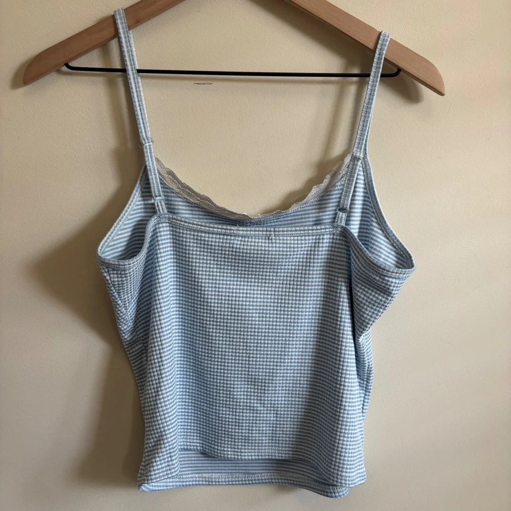 Heart & Hips Blue Gingham Lace Trim Cami Top Ribbed Coquette Bow Large